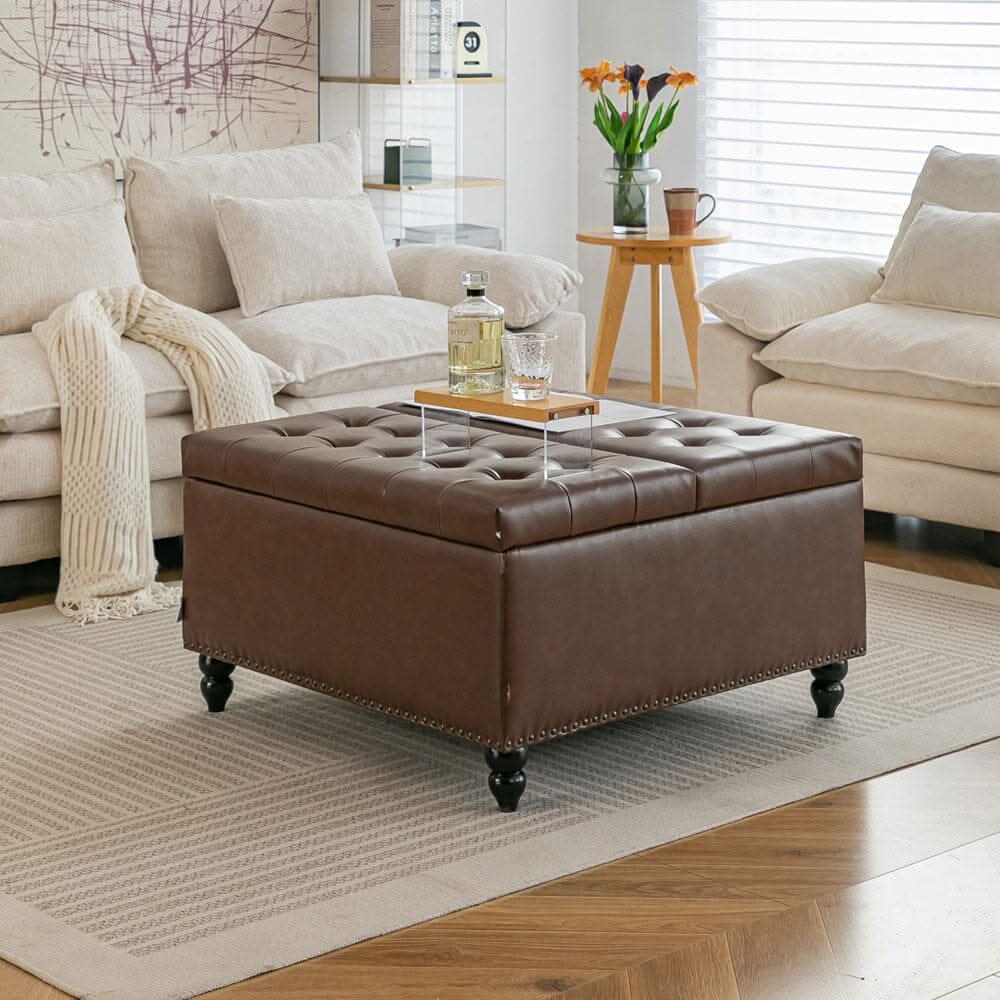 Large Square Storage Ottoman with Tufted Upholstery and Solid Wood Legs