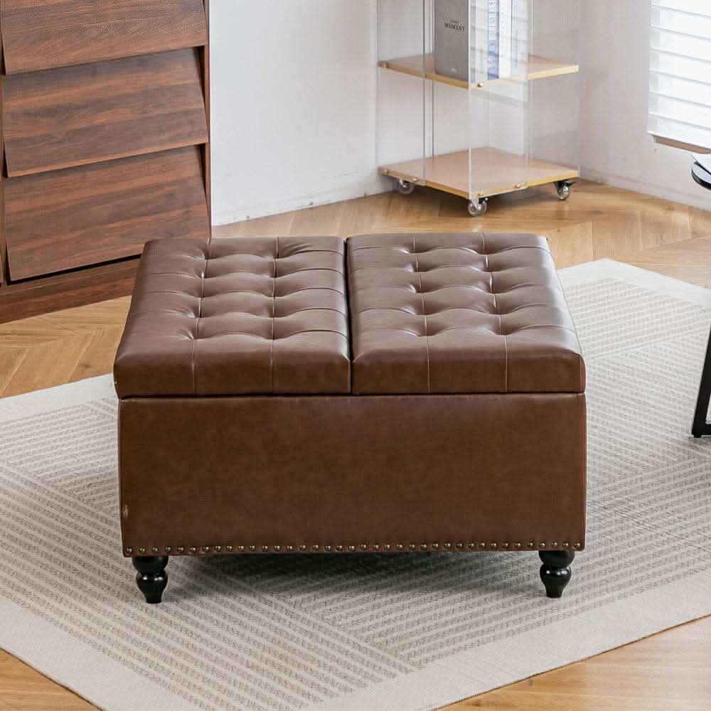 Large Square Storage Ottoman with Tufted Upholstery and Solid Wood Legs