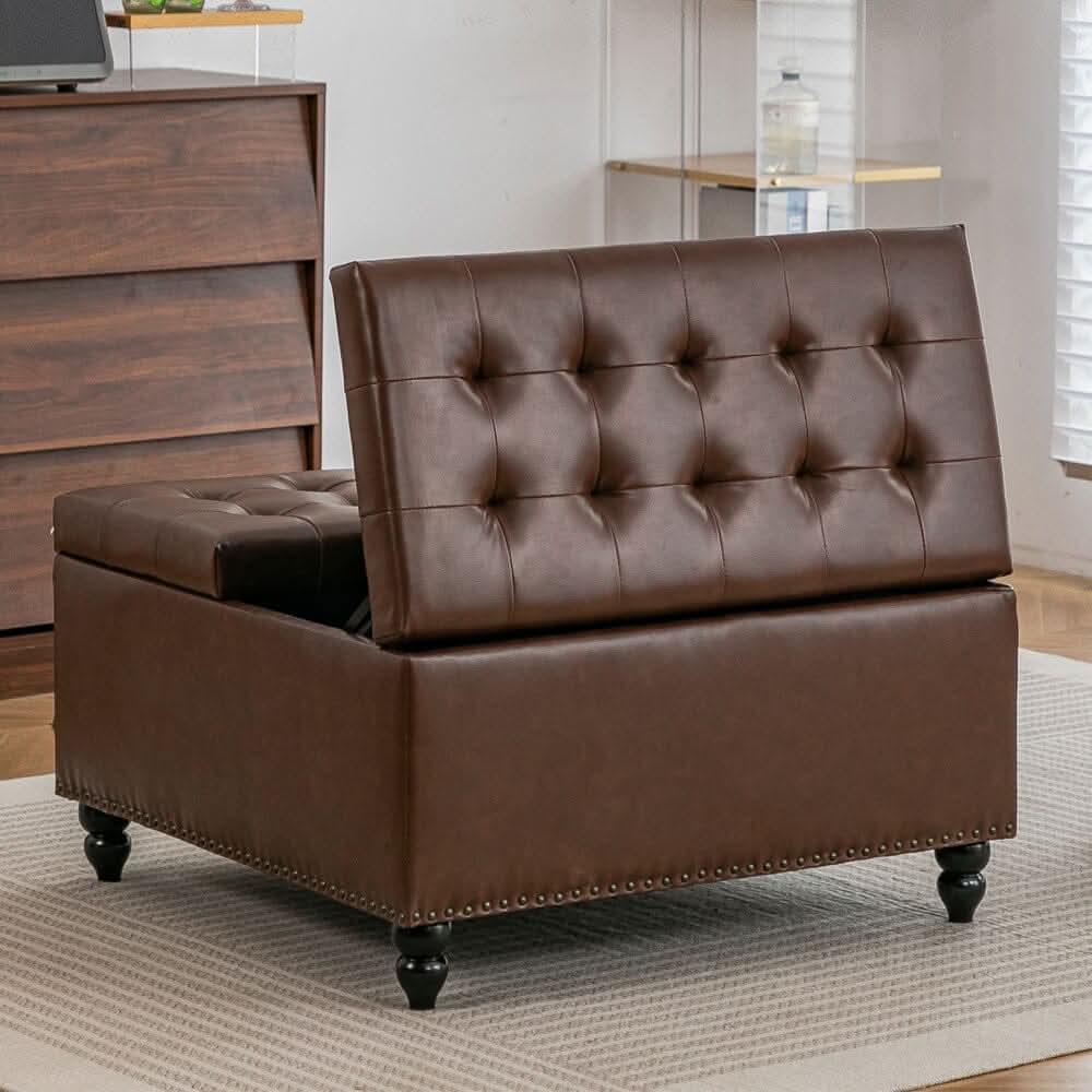 Large Square Storage Ottoman with Tufted Upholstery and Solid Wood Legs