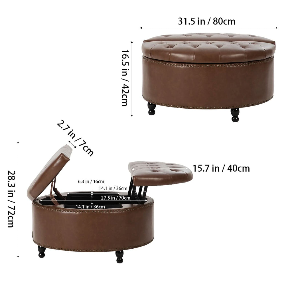 Round PU Leather Storage Ottoman with Tufted Top and Solid Wood Legs