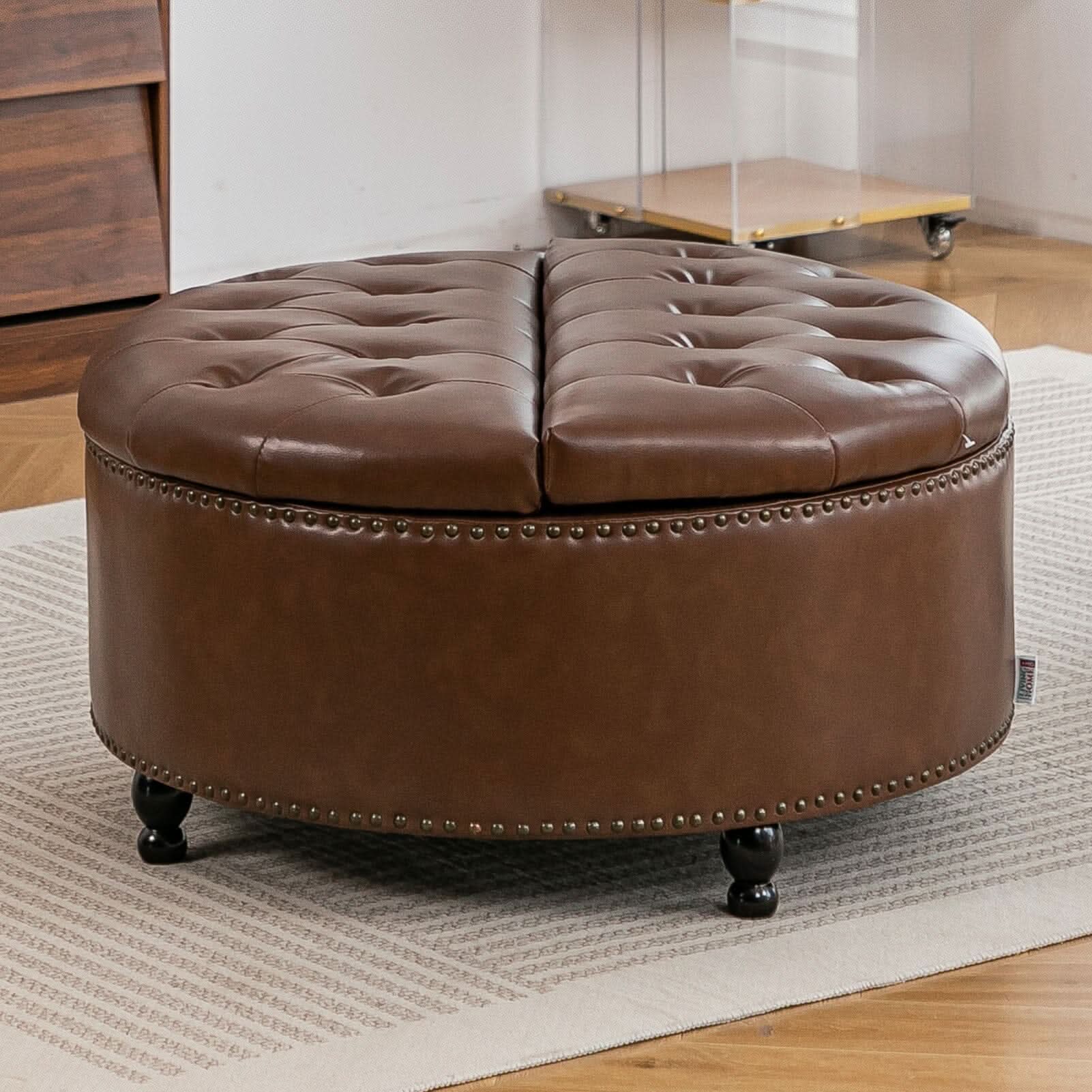 Round PU Leather Storage Ottoman with Tufted Top and Solid Wood Legs