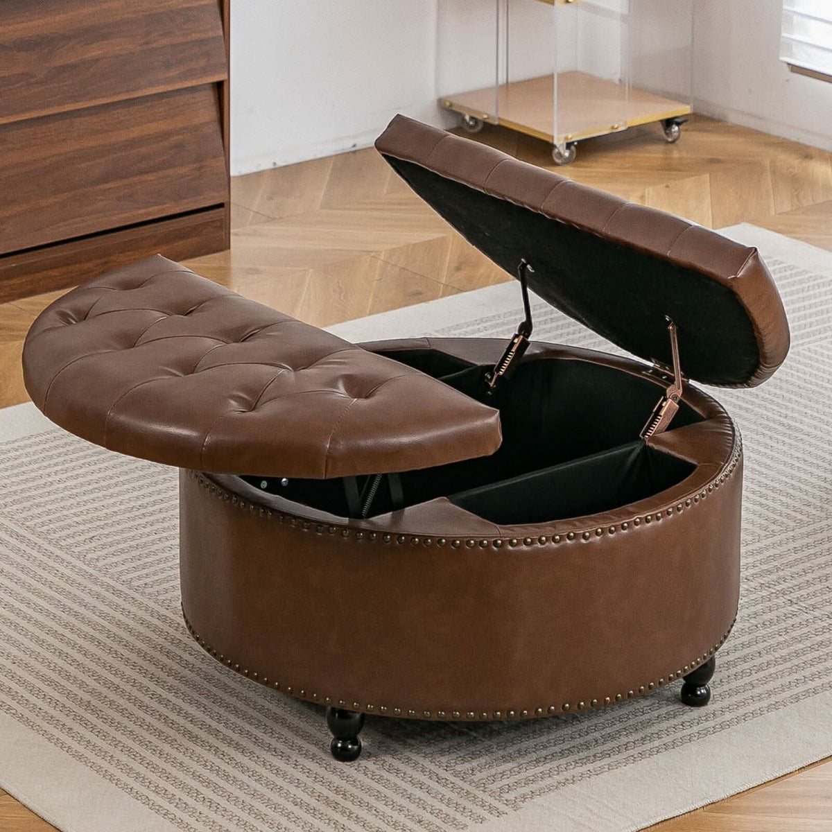 Round PU Leather Storage Ottoman with Tufted Top and Solid Wood Legs