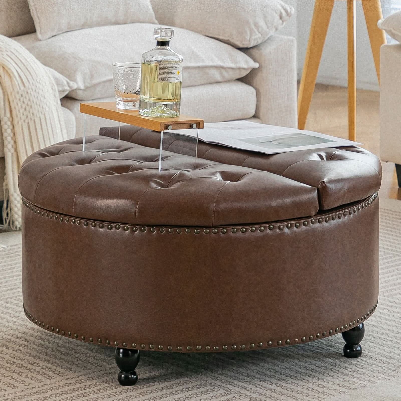 Round PU Leather Storage Ottoman with Tufted Top and Solid Wood Legs