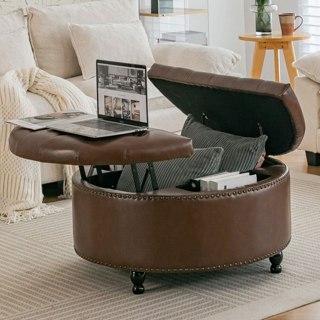 Round PU Leather Storage Ottoman with Tufted Top and Solid Wood Legs