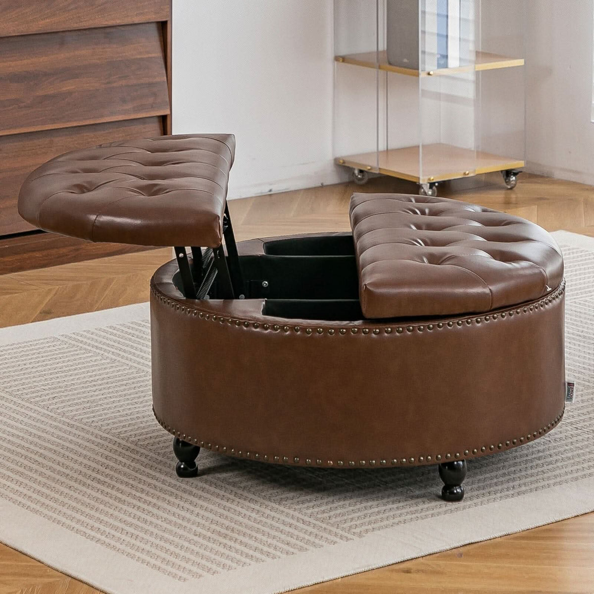 Round PU Leather Storage Ottoman with Tufted Top and Solid Wood Legs