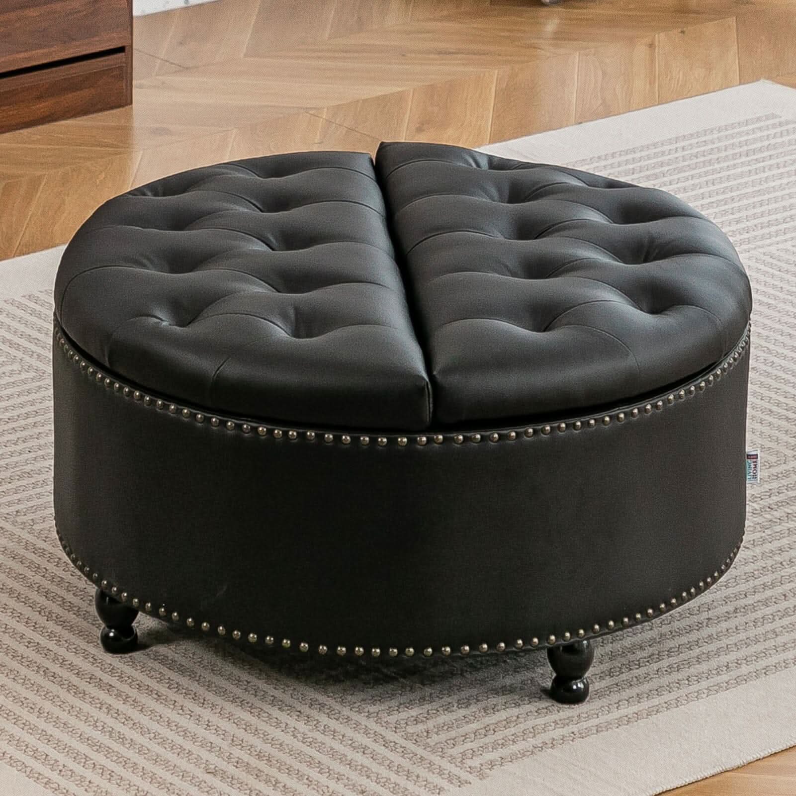 Round PU Leather Storage Ottoman with Tufted Top and Solid Wood Legs