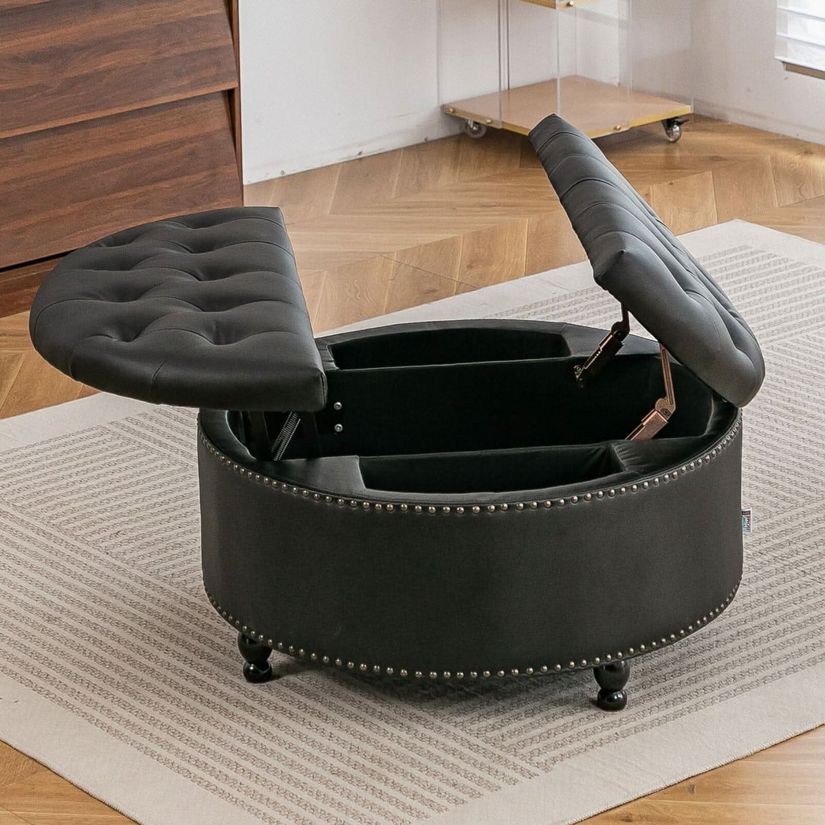 Round PU Leather Storage Ottoman with Tufted Top and Solid Wood Legs
