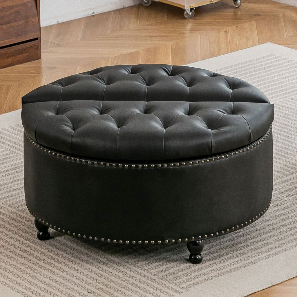 Round PU Leather Storage Ottoman with Tufted Top and Solid Wood Legs