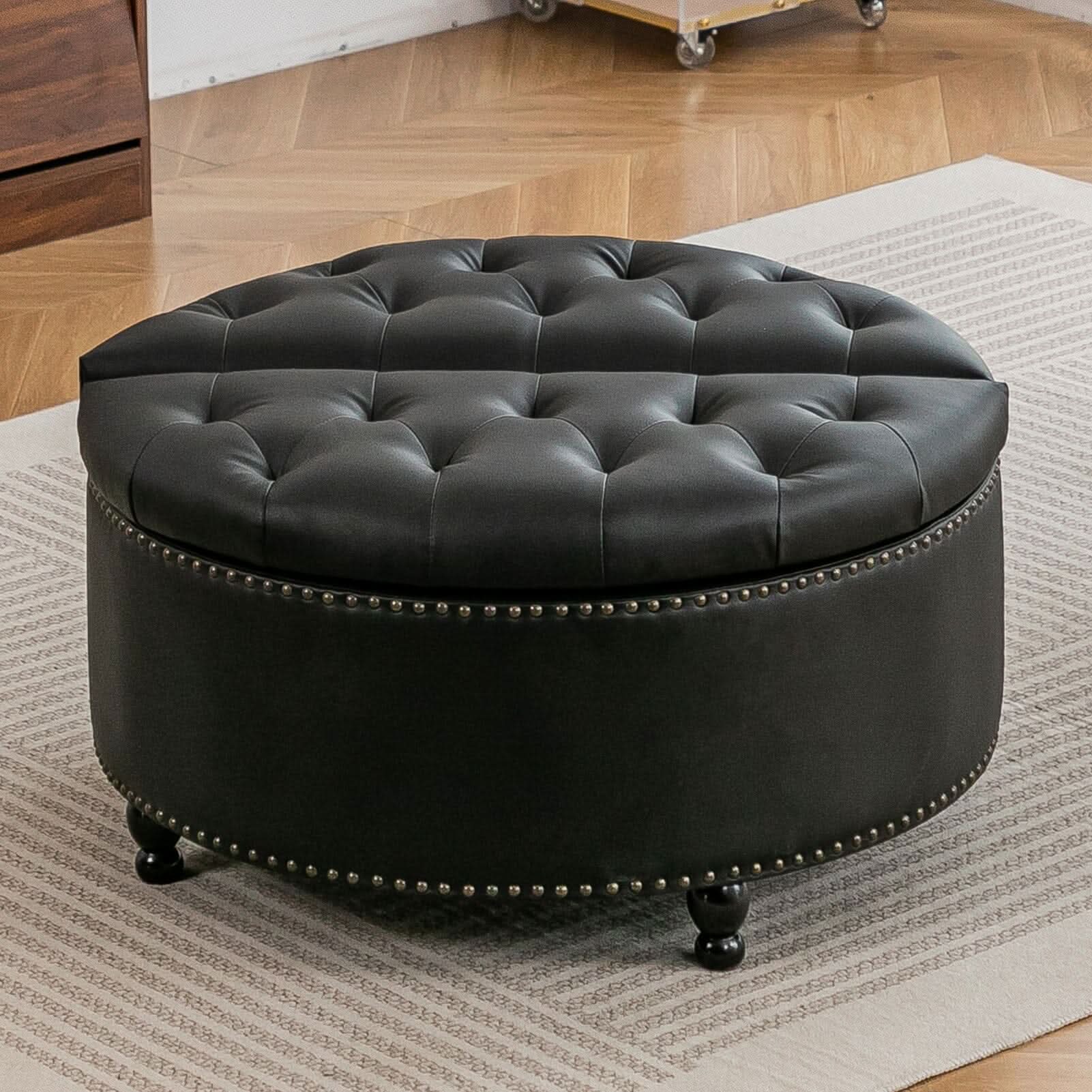 Round PU Leather Storage Ottoman with Tufted Top and Solid Wood Legs