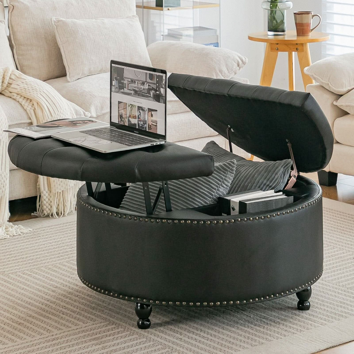 Round PU Leather Storage Ottoman with Tufted Top and Solid Wood Legs