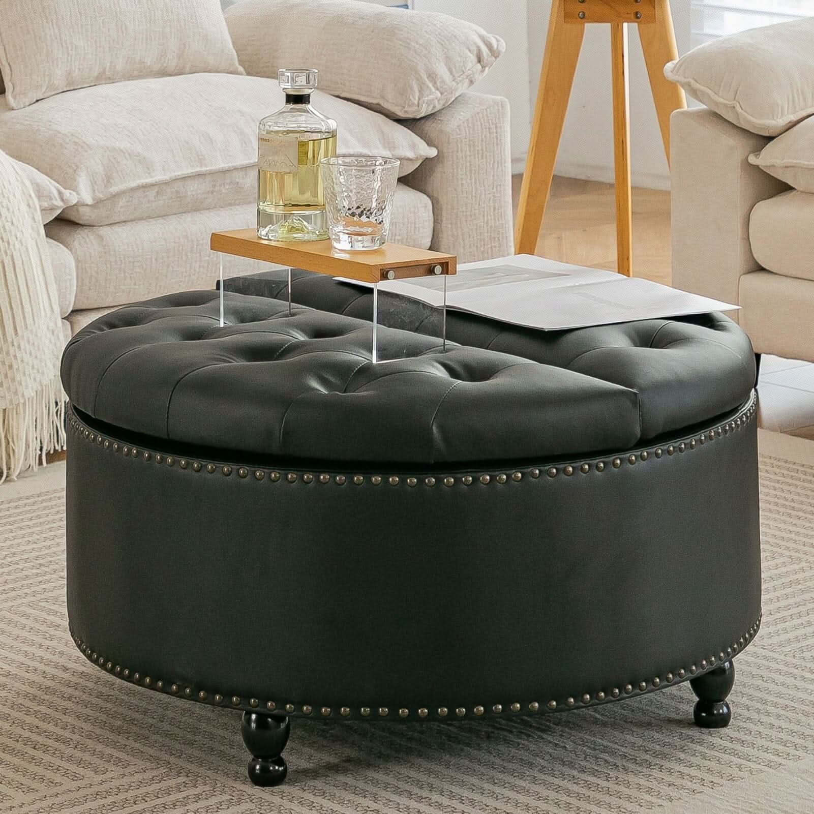 Round PU Leather Storage Ottoman with Tufted Top and Solid Wood Legs