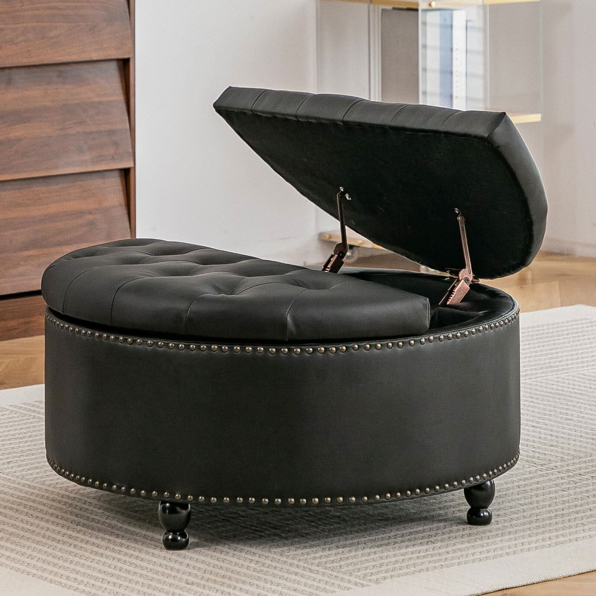 Round PU Leather Storage Ottoman with Tufted Top and Solid Wood Legs
