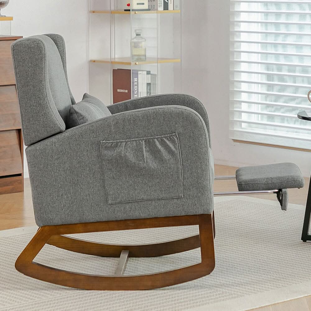 Modern Linen Rocking Chair with Footrest & Pillow