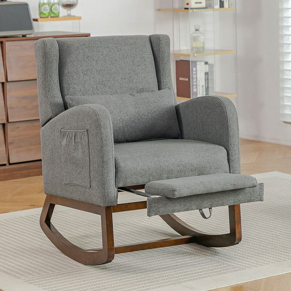 Modern Linen Rocking Chair with Footrest & Pillow