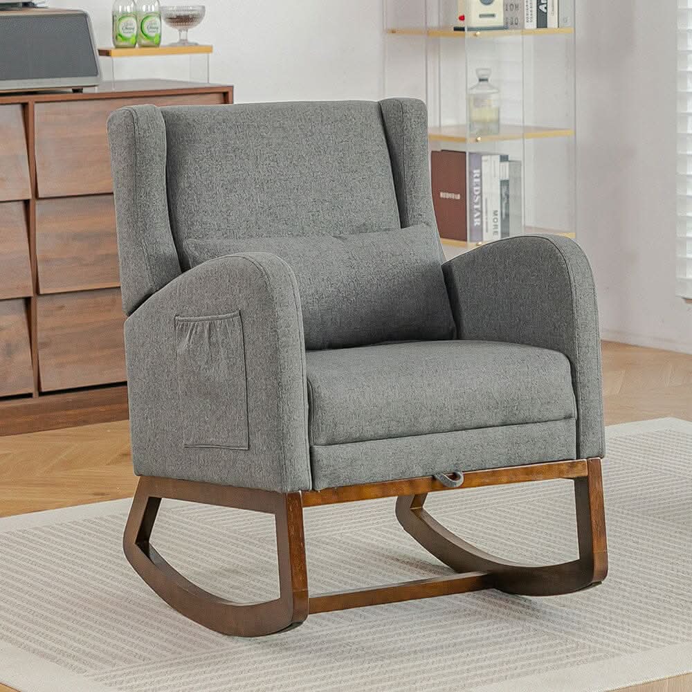 Modern Linen Rocking Chair with Footrest & Pillow
