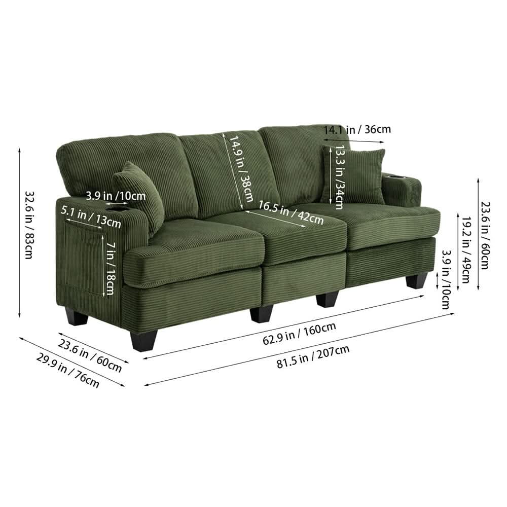 Corduroy Modular Sofa with Cup Holders and Plush Cushions