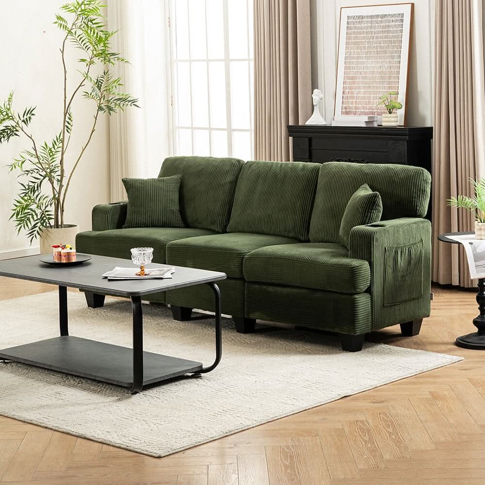 Corduroy Modular Sofa with Cup Holders and Plush Cushions