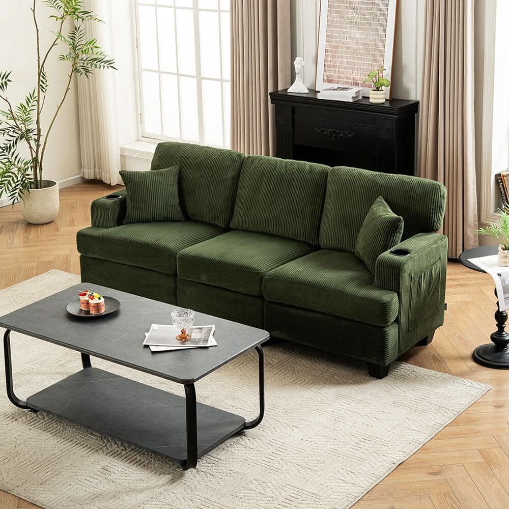 Corduroy Modular Sofa with Cup Holders and Plush Cushions