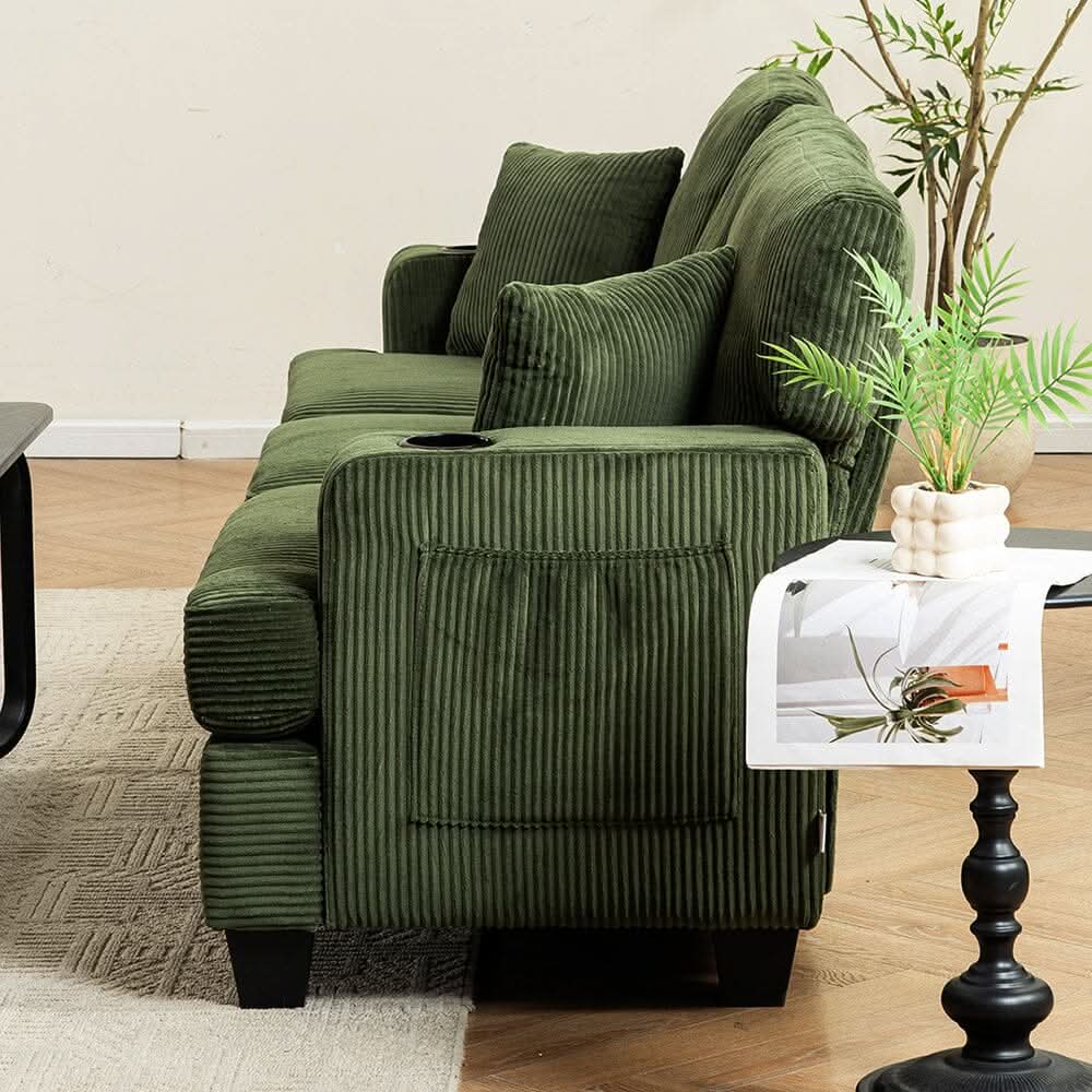 Corduroy Modular Sofa with Cup Holders and Plush Cushions