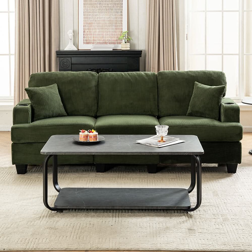 Corduroy Modular Sofa with Cup Holders and Plush Cushions