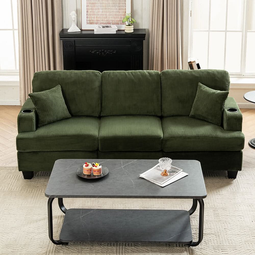 Corduroy Modular Sofa with Cup Holders and Plush Cushions