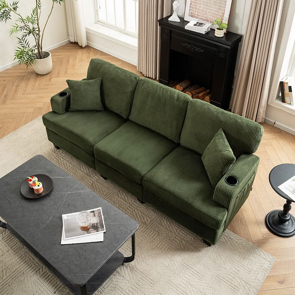 Corduroy Modular Sofa with Cup Holders and Plush Cushions