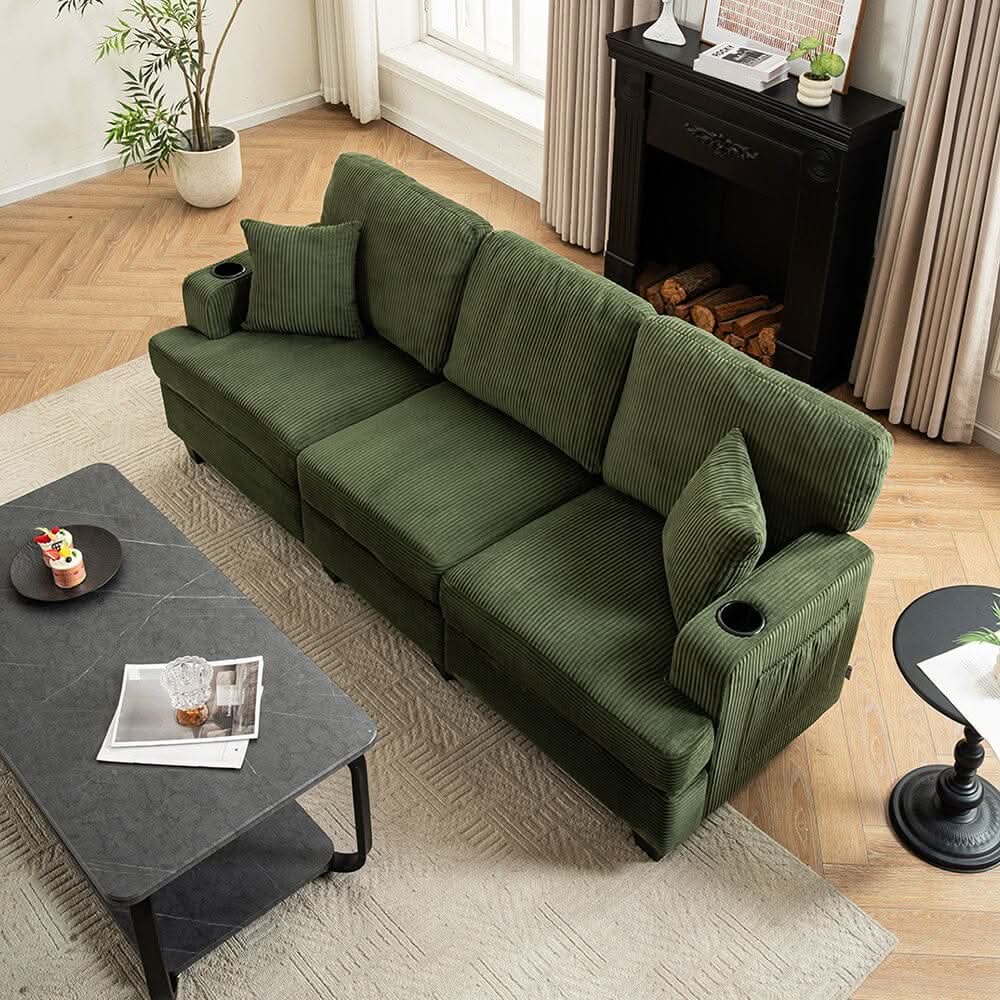 Corduroy Modular Sofa with Cup Holders and Plush Cushions