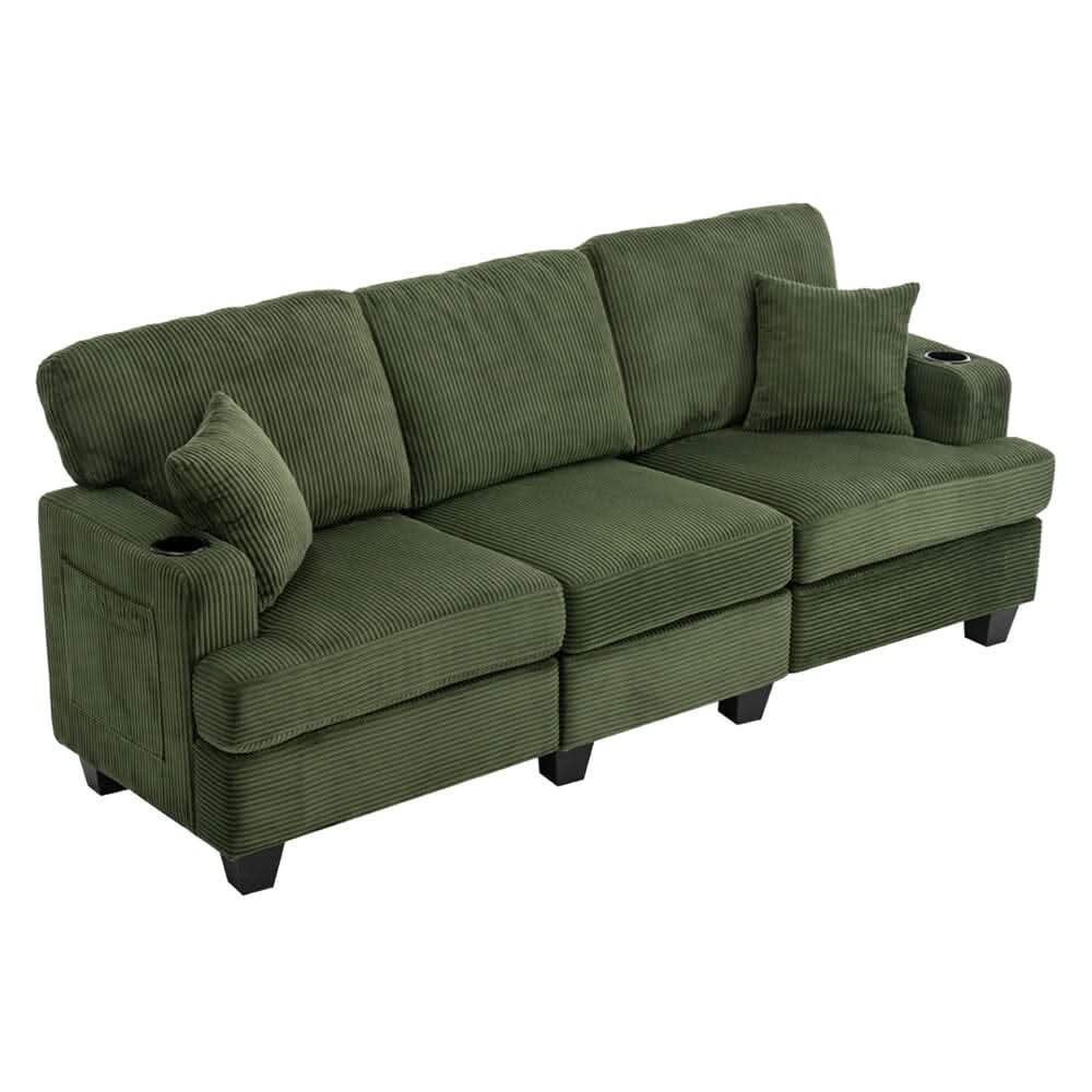 Corduroy Modular Sofa with Cup Holders and Plush Cushions