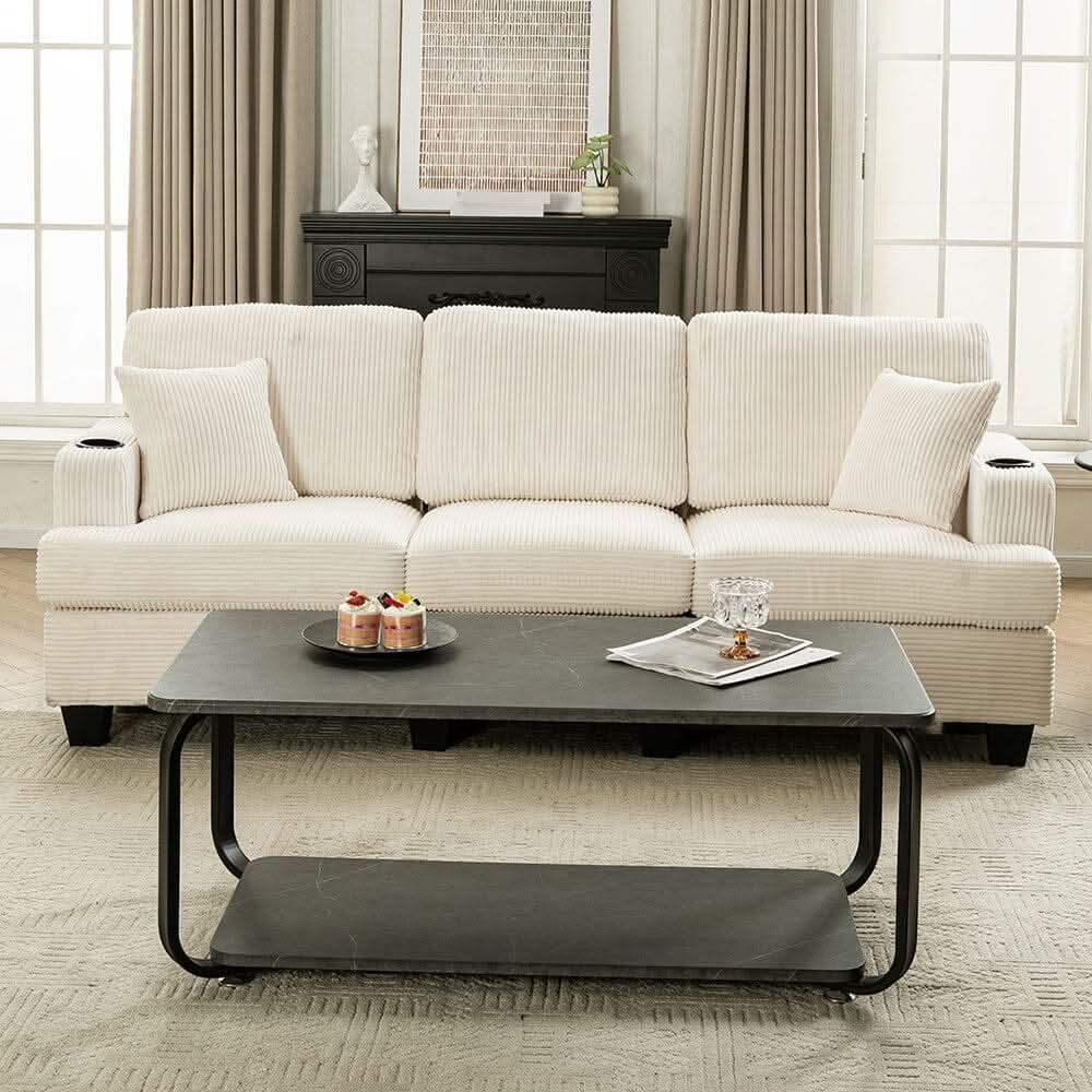 Corduroy Modular Sofa with Cup Holders and Plush Cushions