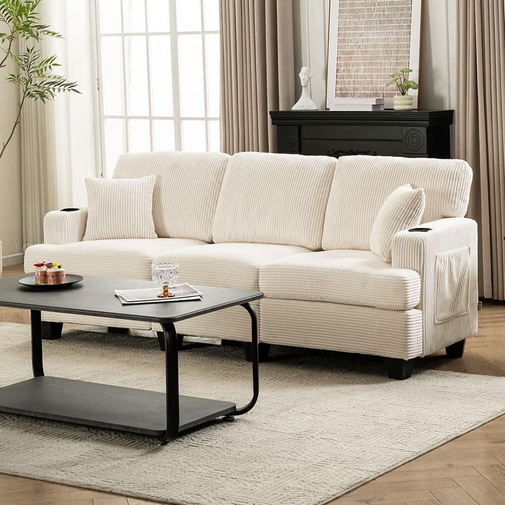 Corduroy Modular Sofa with Cup Holders and Plush Cushions