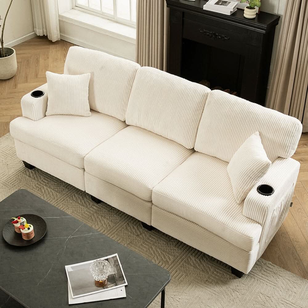 Corduroy Modular Sofa with Cup Holders and Plush Cushions