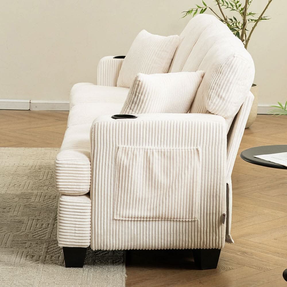 Corduroy Modular Sofa with Cup Holders and Plush Cushions