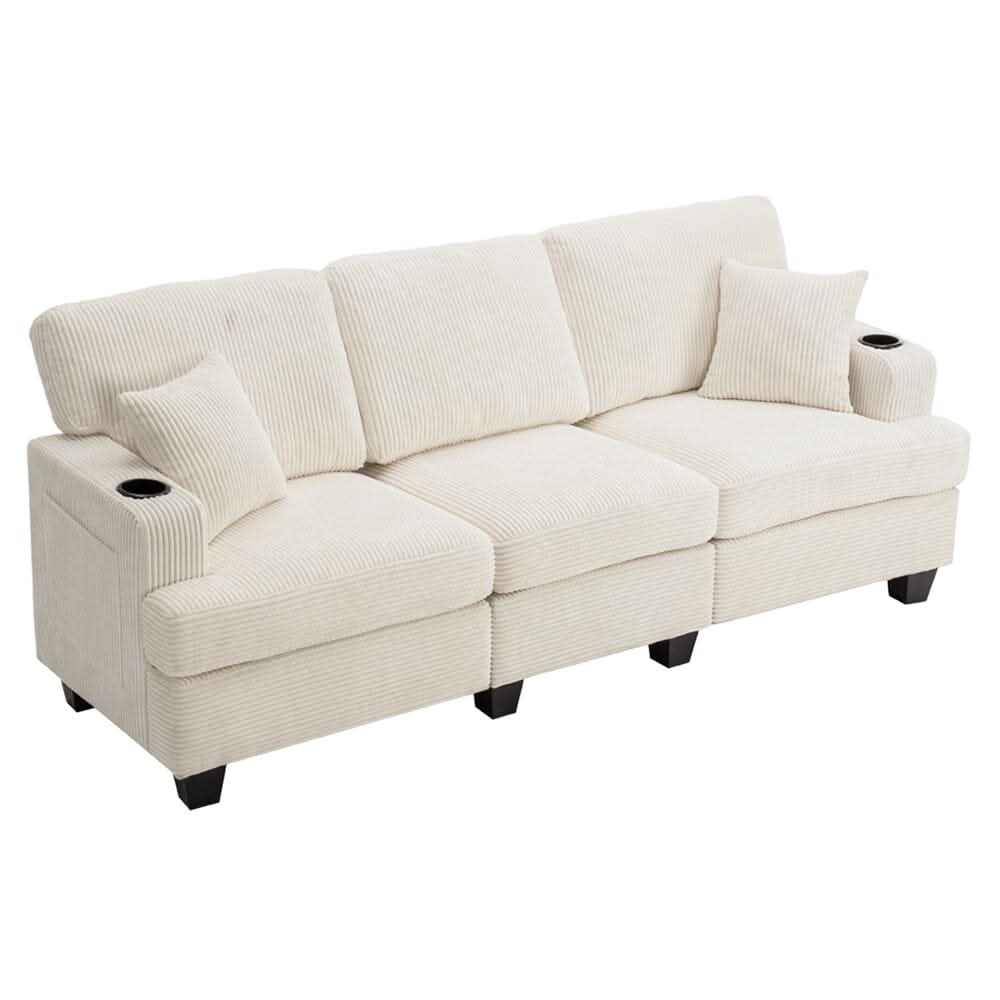 Corduroy Modular Sofa with Cup Holders and Plush Cushions
