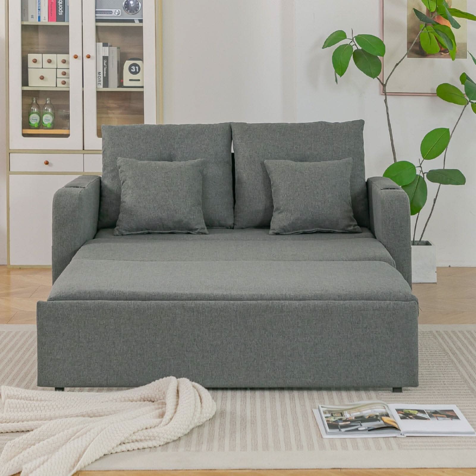 Pull-Out Sofa Bed with Storage Pockets and Cup Holders