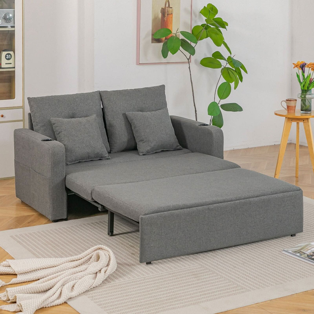Pull-Out Sofa Bed with Storage Pockets and Cup Holders