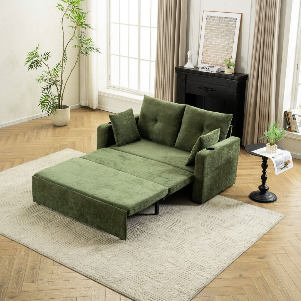 Pull-Out Sofa Bed with Storage Pockets and Cup Holders
