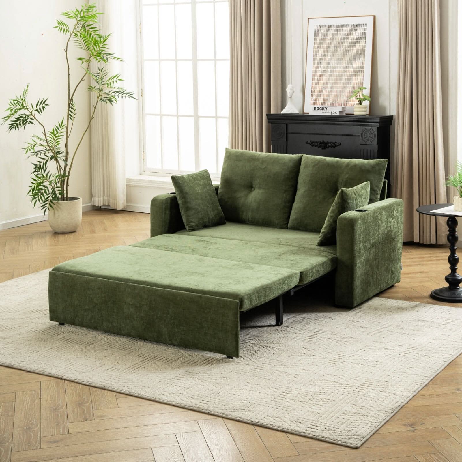 Pull-Out Sofa Bed with Storage Pockets and Cup Holders