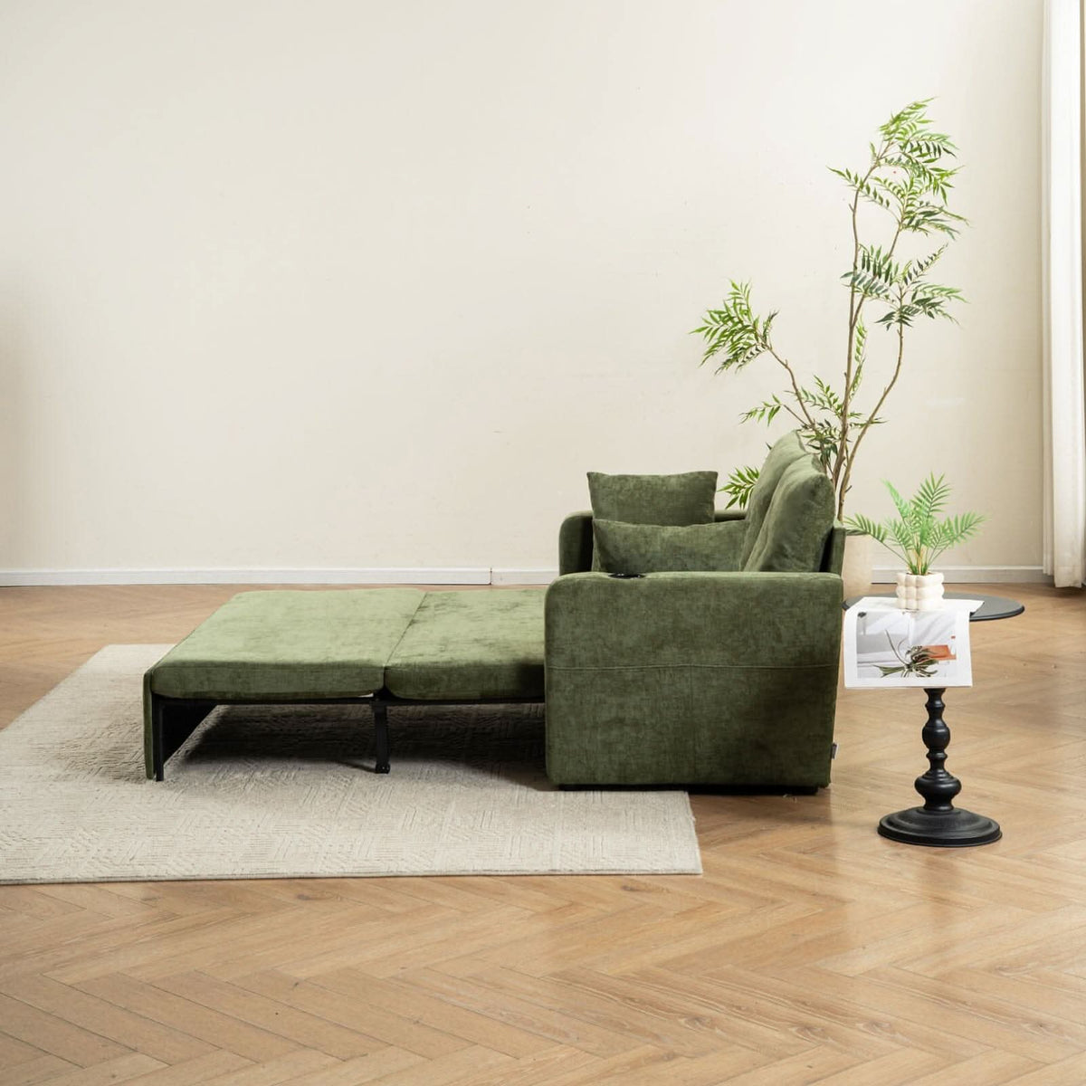 Pull-Out Sofa Bed with Storage Pockets and Cup Holders