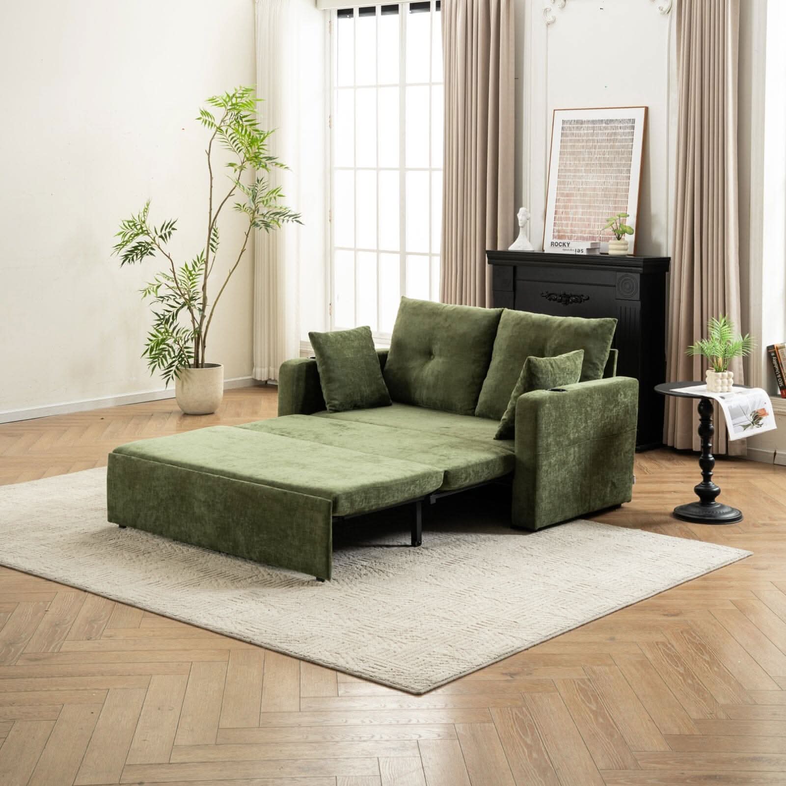 Pull-Out Sofa Bed with Storage Pockets and Cup Holders