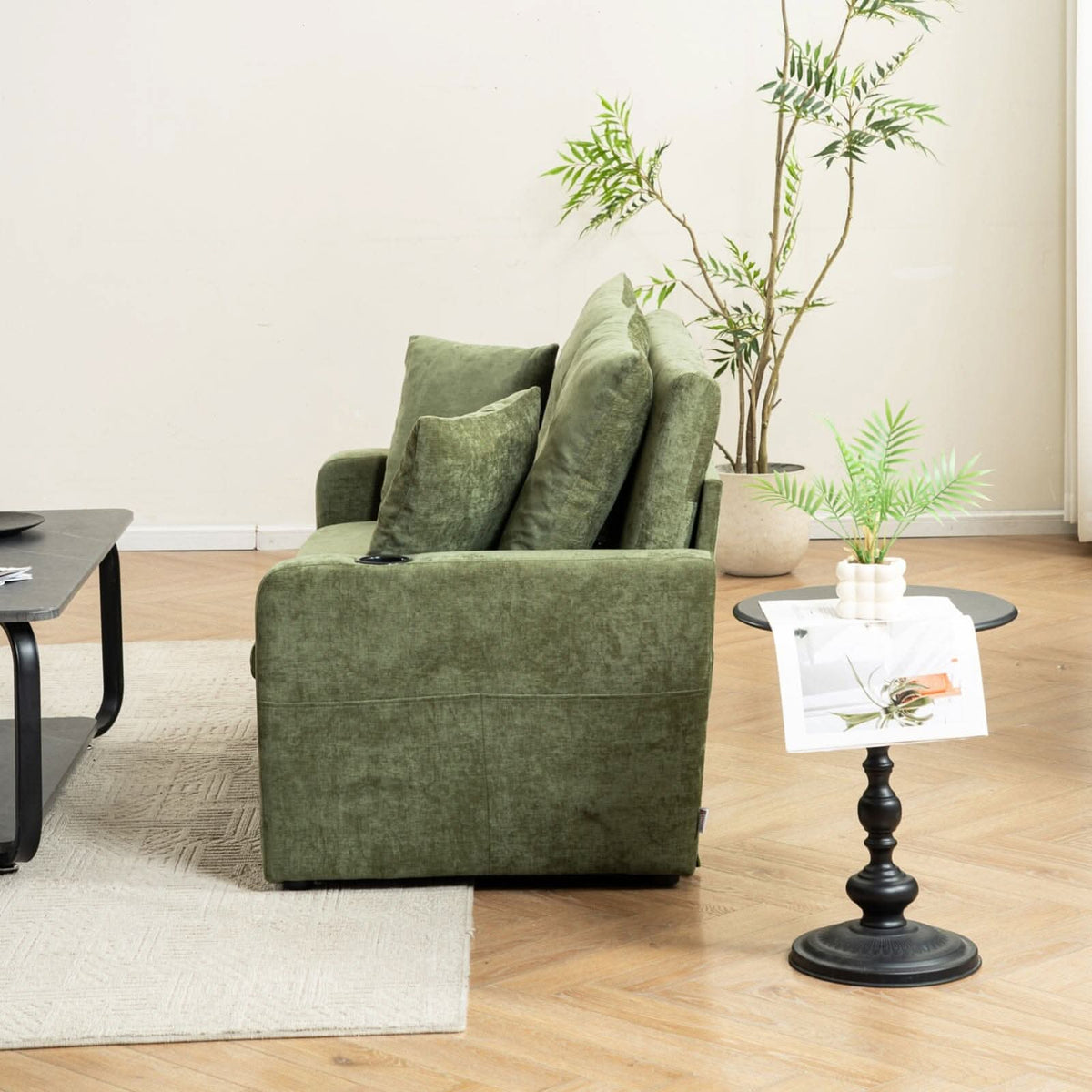 Pull-Out Sofa Bed with Storage Pockets and Cup Holders