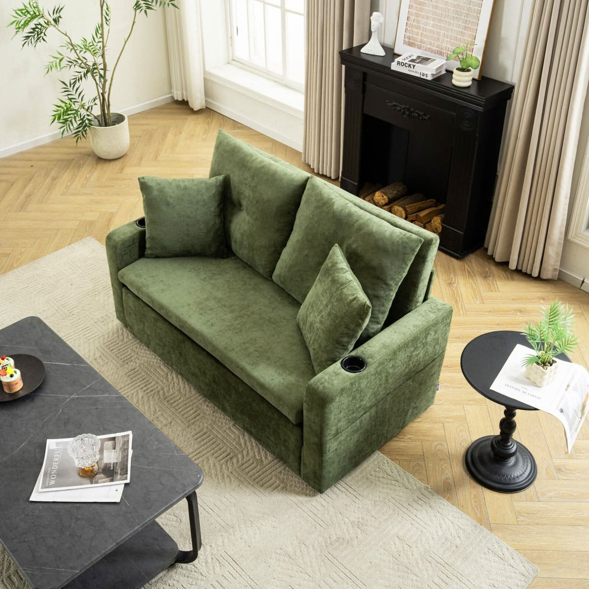 Pull-Out Sofa Bed with Storage Pockets and Cup Holders