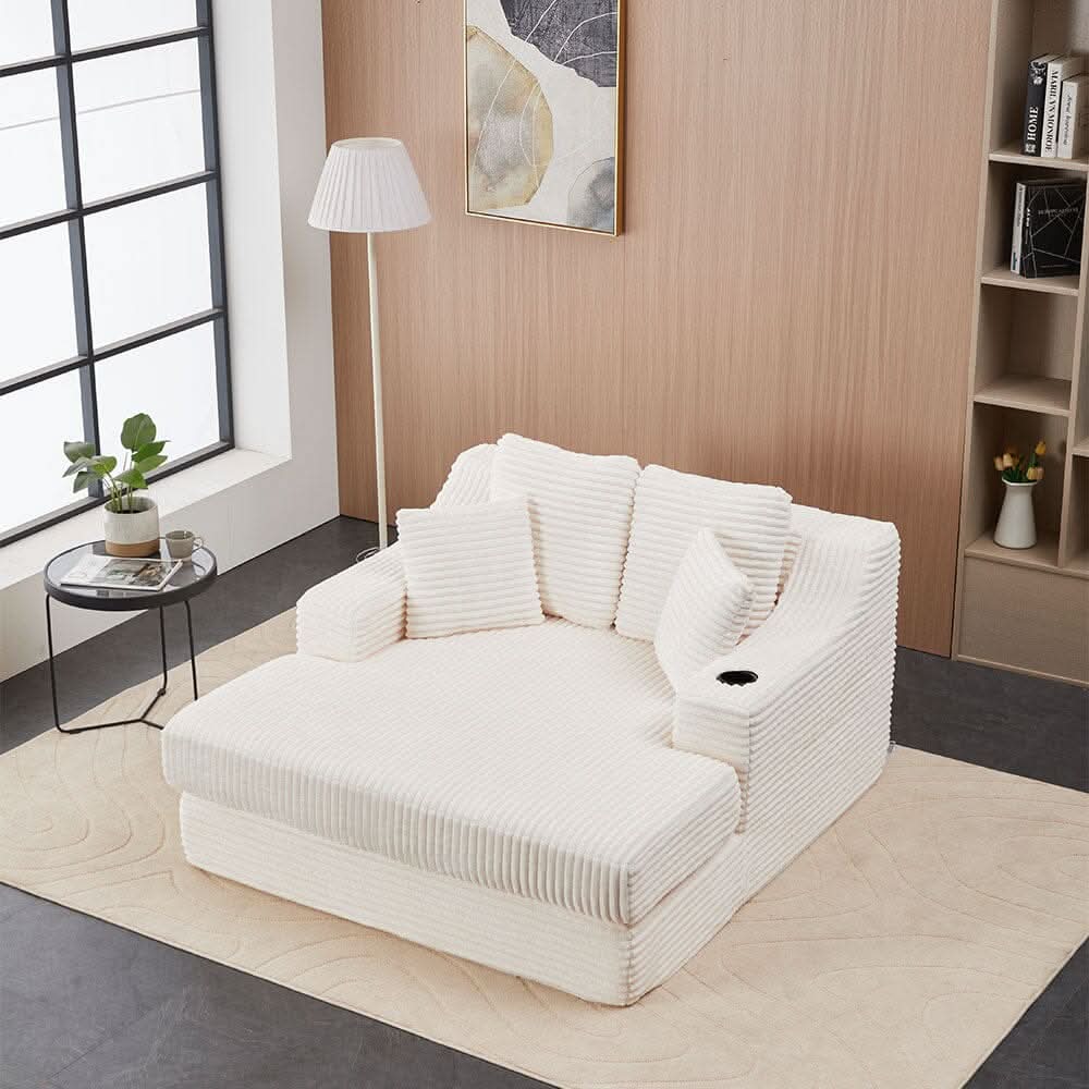 Convertible Sofa Bed with Corduroy Upholstery Cup Holder and Cushions