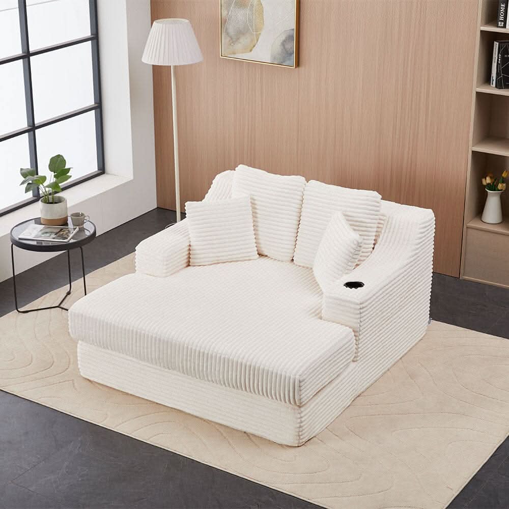 Convertible Sofa Bed with Corduroy Upholstery Cup Holder and Cushions