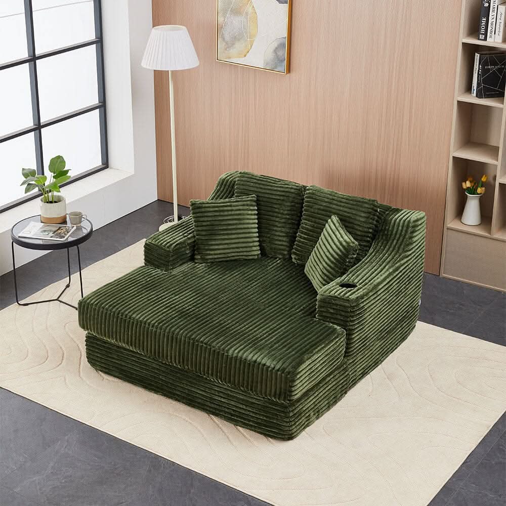 Convertible Sofa Bed with Corduroy Upholstery Cup Holder and Cushions