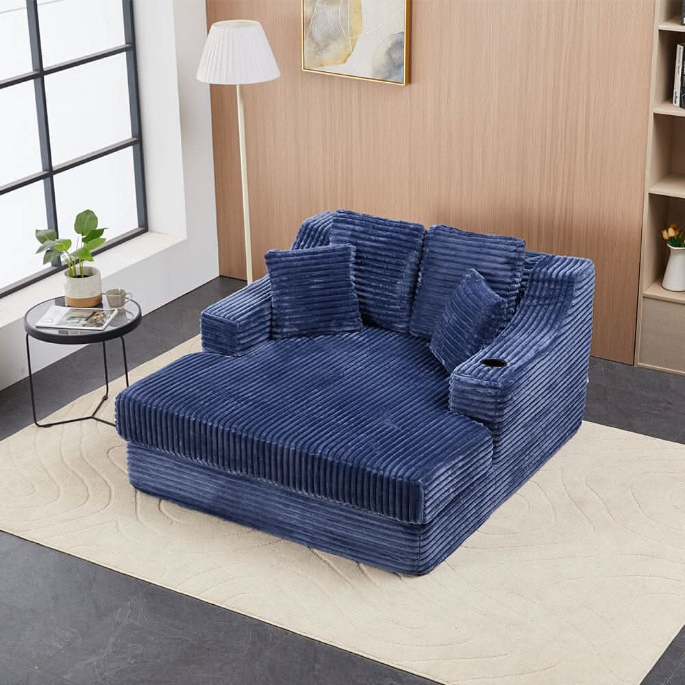 Convertible Sofa Bed with Corduroy Upholstery Cup Holder and Cushions