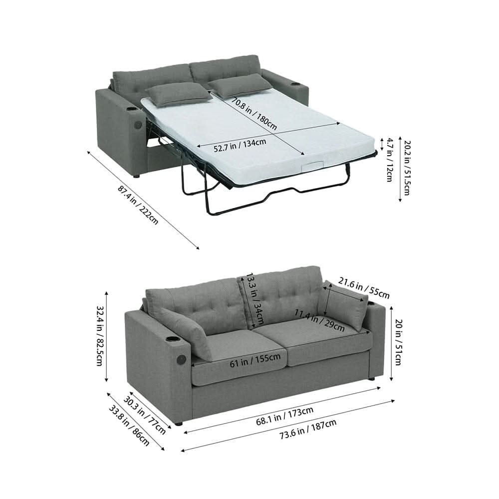 Convertible Sofa Bed with Cup Holders USB Port and Tufted Details