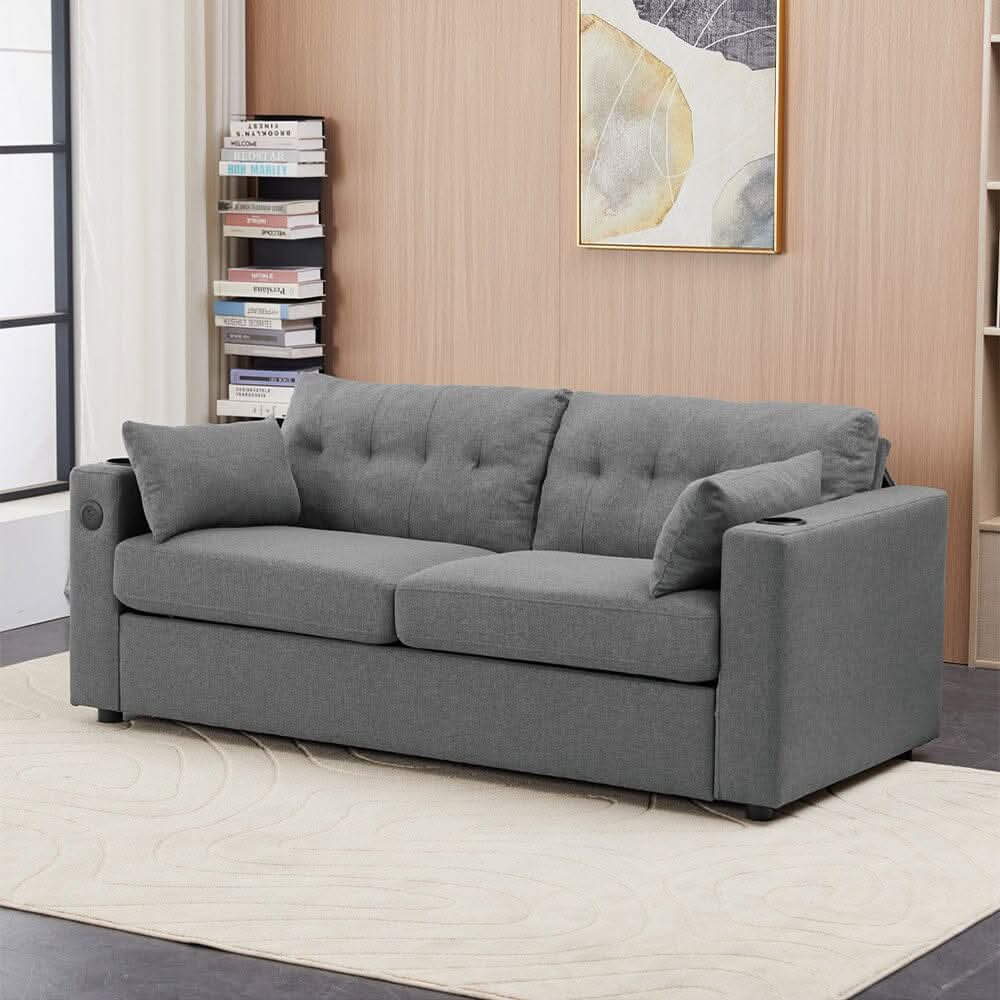 Convertible Sofa Bed with Cup Holders USB Port and Tufted Details