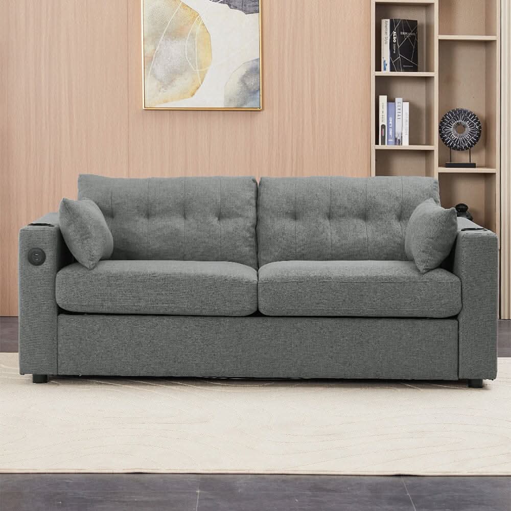 Convertible Sofa Bed with Cup Holders USB Port and Tufted Details