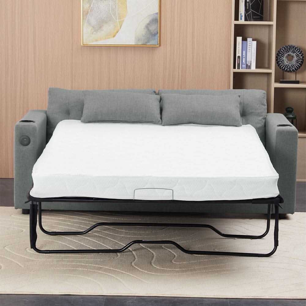 Convertible Sofa Bed with Cup Holders USB Port and Tufted Details