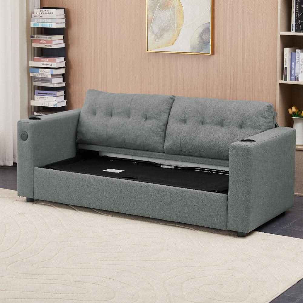 Convertible Sofa Bed with Cup Holders USB Port and Tufted Details